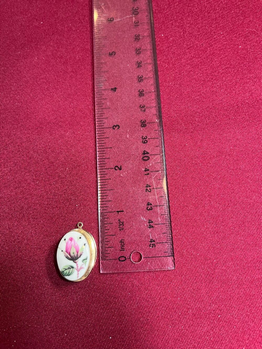 Vtg Porcelain Pink Rose Bud Oval Locket Gold Tone Photo Pendant Mid Century‎ 1"